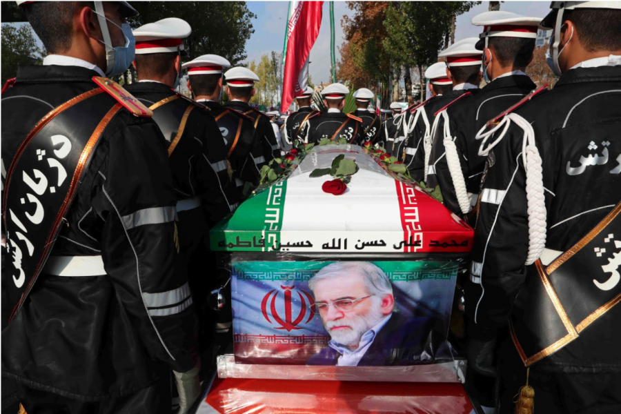 This picture was taken on the day of Fakharizadeh’s funeral, depicting troops carrying his casket with other senior officials standing or walking beside the troops on the sidelines on November 27th, 2020 (BBC News)
