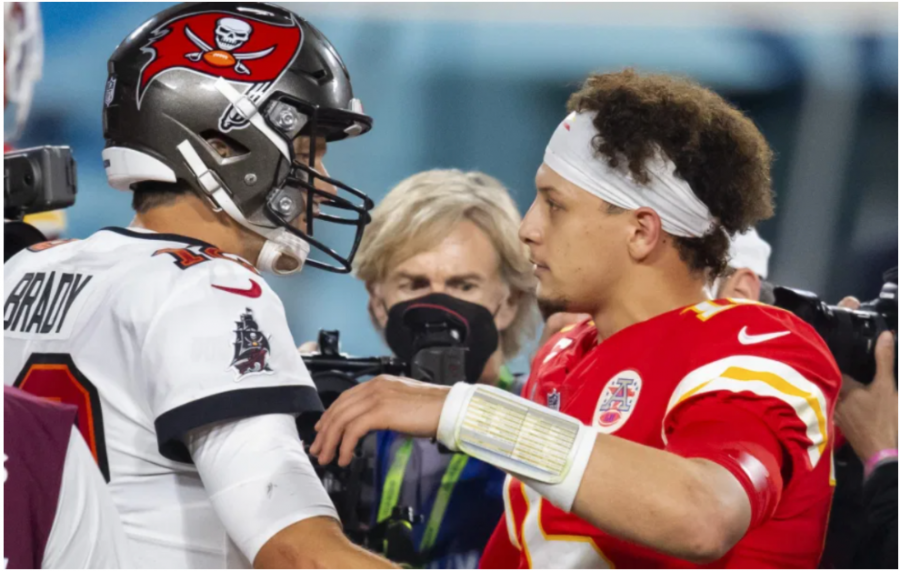 Pictured is Tom Brady of the Tampa Bay Buccaneers (left) and Patrick Mahomes of the Kansas City Chiefs (right), the dueling QB matchup for Super Bowl LV.