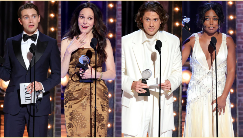 (From left) Andrew Burnap, Mary-Louise Parker, Aaron Tveit, and 
Adrienne Warren won Tonys for their various performances in musicals and plays. 
Theo Warger, Getty Images for Tony Awards Productions