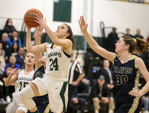 The determined and forceful visage of 
Madison Schiller floods nj.com’s basketball
recaps. This image was the cover of her 
double-double and Ramapo’s 57-34 win
over Pascack Valley.
