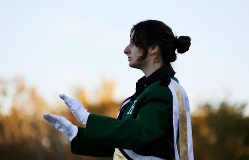 Drum Major Ariana Giammanco conducting the Ramapo Marching Band.