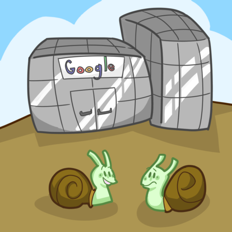 Cartoon of two green snails in front of Google office