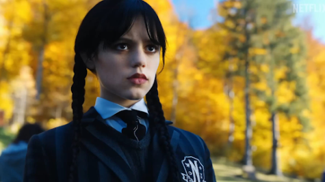 Jenna Ortega, who plays Wednesday Addams in the new Netflix series, is shown in the Nevermore Academy uniform with her infamous braided black hair. 
