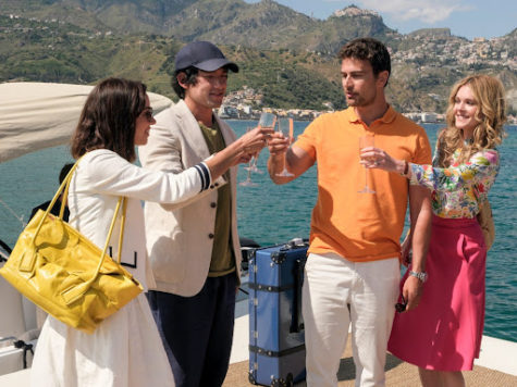 An image featuring actors Aubrey Plaza, Will Sharpe, Theo James, and Meghann Fahy from the latest season of The White Lotus. 