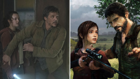Side-by-side comparison of actors Bella Ramsey and Pedro Pascal as Ellie and Joel to the game characters. 
