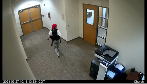 Surveillance at The Covenant School shows Hale walking through the halls. Photo source: Metro Nashville Police Department
