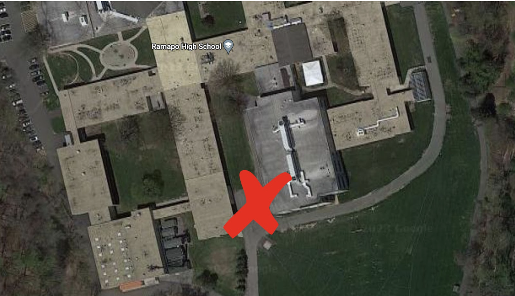 Map including X of outdoor passage that was blocked off at Ramapo High School