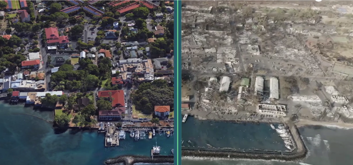 Lahaina, Hawaii before and after the wildfires.