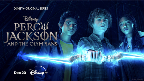 Disney Plus poster for Percy Jackson and The Olympians TV Show premiering December 20th, 2023 starring  Aryan Simhadri, Walker Scobell, and Leah Jeffries (from left to right)