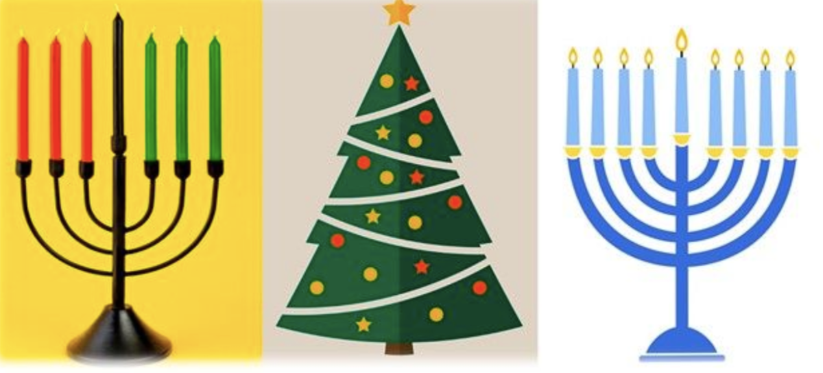 Respective symbols of Kwanzaa, Christmas, and Hanukkah.