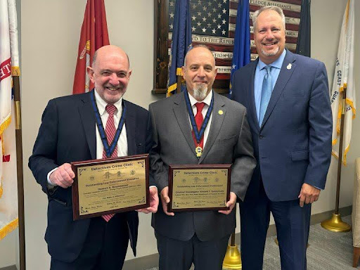 Assistant District Attorney Stewart Rosenwasser, Investigator Vincent Spampinato, and Orange County District Attorney David Hoovler receiving outstanding law enforcement executive awards. (Mid Hudson News)
