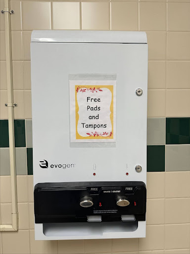 Free feminine product dispensaries are available in the girl’s bathrooms at Ramapo (Photo taken by Lana Jepsen)