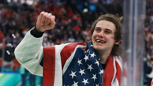 Jack Hughes of Team United States celebrates after their gold-medal win (Fox News)