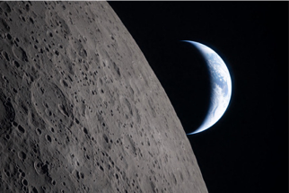 A crescent Earth setting along the moon's limb, taken from the Orion spacecraft (NASA).
